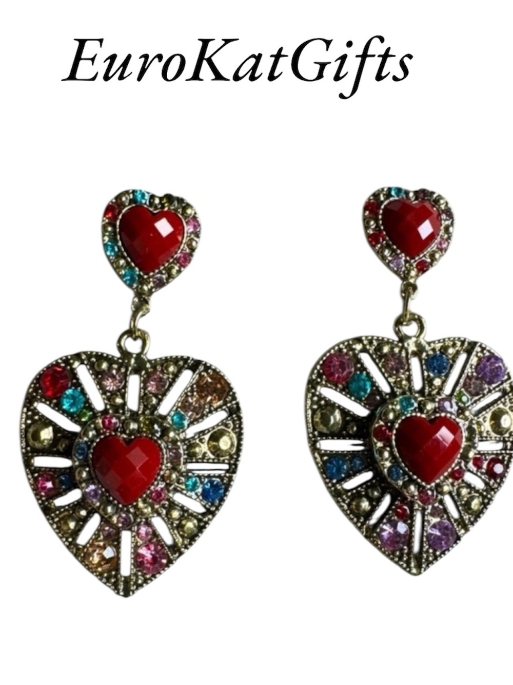 Betsey Johnson Heart Drop Multicolor Crystal Earrings - Red Center NEW NWOT